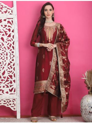 Dark Red Silk Jacquard Elegant Salwar Kameez small FABSL21889