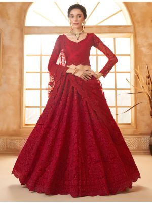 Dark Red Soft Net Embroidered Lehenga With Diamond Work small FABLE20427