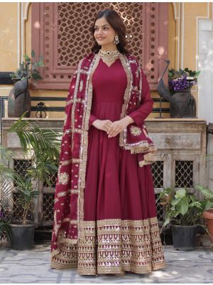 dark red star georgette flared anarkali gown with dupatta fabgo20347