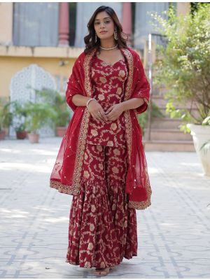 Dark Red Viscose Georgette Ready To Wear Sharara Suit FABSL22083