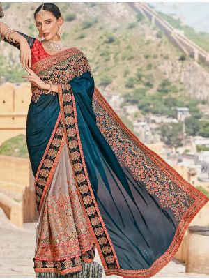 Dark Teal Fancy Embroidered Premium Designer Saree FABSA22173