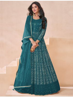 Dark Teal Georgette Semi Stitched Anarkali Suit small FABSL21963