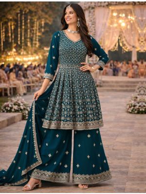 Dark Teal Pure Georgette Ready To Wear Salwar Kameez FABSL22416