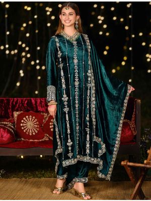Dark Teal Velvet Designer Salwar Kameez With Zardosi Work small FABSL22326