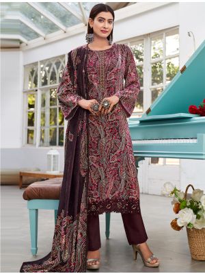 Dark Wine Velvet Printed Salwar Kameez With Thread Work small FABSL21647