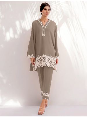 deep beige poly viscose chanderi embroidered kurta pant set fabku20938