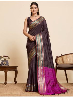 Deep Coffee Brown Art Silk Saree With Golden Zari Work