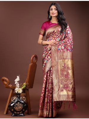 Deep Magenta Lichi Silk Festive Saree