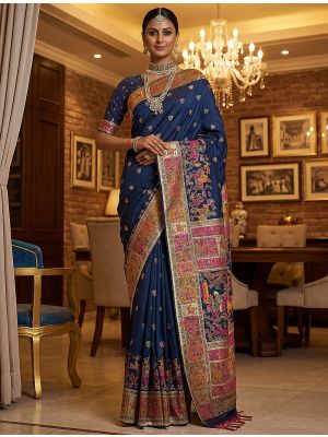Deep Navy Blue Virana Silk Saree Adorned With Traditional Motifs
