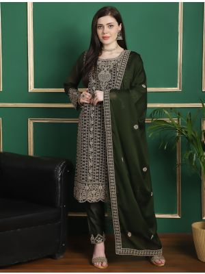 Deep Olive Georgette Salwar Suit With Cording Work small FABSL21795