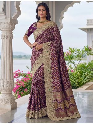 Deep Plum Banarasi Silk Saree With Designer Work