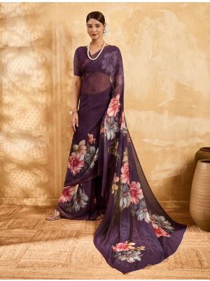 Deep Plum Purple Floral Print Georgette Saree