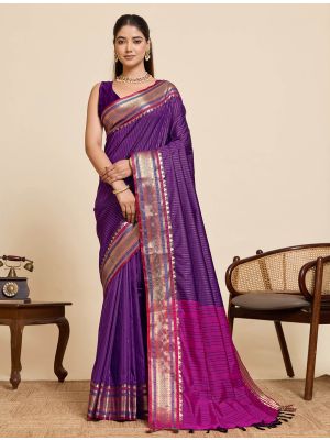 Deep Purple Art Silk Saree With Golden Zari Work