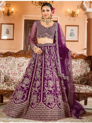 Deep Purple Net Sequined Lehenga Choli With Thread Work small FABLE20551