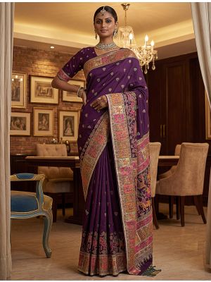 Deep Purple Virana Silk Saree Adorned With Traditional Motifs