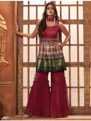 Deep Red Gaji Silk Readymade Top With Sharara FABSL21758