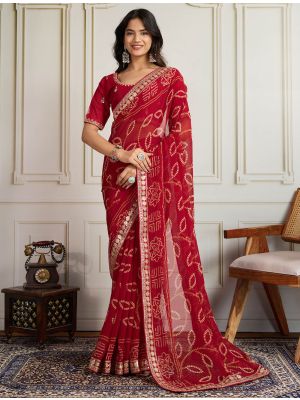 Deep Red Georgette Bandhani Print Saree With Zari And Sequin