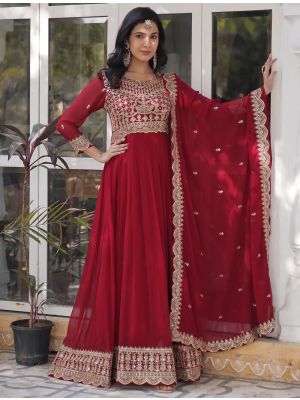 deep red georgette flared anarkali gown with dupatta fabgo20344