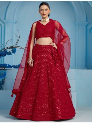 Deep Red Georgette Semi Stitched Embroidered Lehenga small FABLE20456