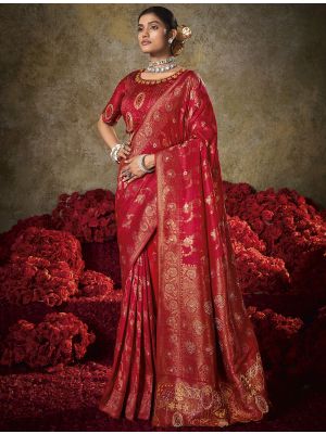 Deep Red Soft Silk Embroidered Saree With Diamond Work
