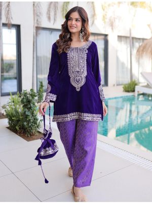 deep royal purple velvet kurta pant set with potli bag fabku21182