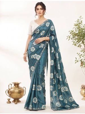 Deep Teal Blue Floral Print Chiffon Saree With Embroidery