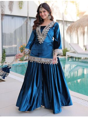 deep teal blue ice velvet kurta palazzo set with potli bag fabku21178