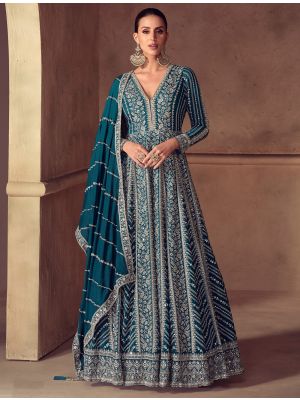 Deep Teal Chinon Designer Ready To Wear Anarkali Suit small FABSL22533