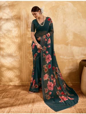 Deep Teal Green Floral Print Georgette Saree