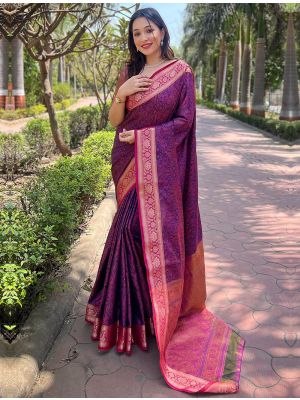 Deep Violet Art Silk Saree With Kashmiri Style Weaving