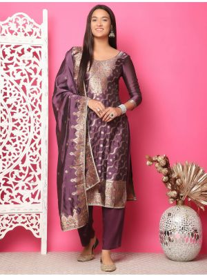 Deep Violet Silk Jacquard Elegant Salwar Kameez small FABSL21886