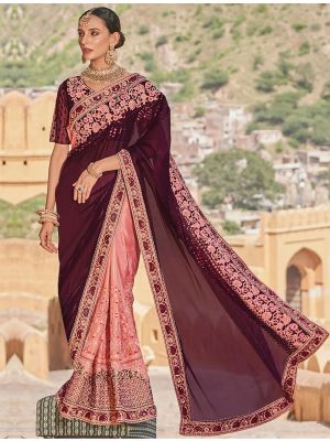 Deep Wine Fancy Embroidered Premium Designer Saree