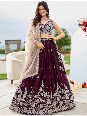 Deep Wine Satin Silk Embroidered Ready To Wear Lehenga small FABLE20494