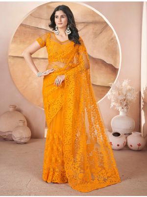 Deep Yellow Butterfly Net Embroidered Saree