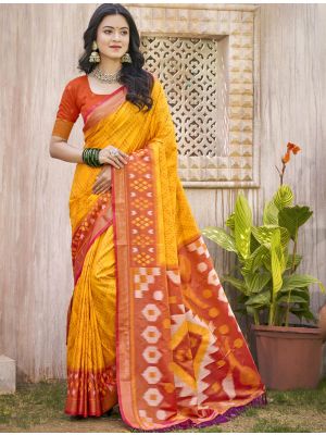 Deep Yellow Pochampally Silk Festive Saree