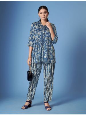 denim blue crepe silk stylish co ord with scarf fabku21081