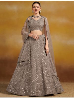 Dusty Beige Georgette Embroidered Lehenga Choli With Sequin small FABLE20577