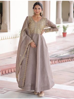 dusty brown gold crush flared gown with dupatta fabgo20439