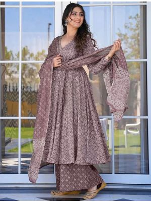 Dusty Brown Muslin Digital Printed Readymade Palazzo Suit swatch FABSL21856