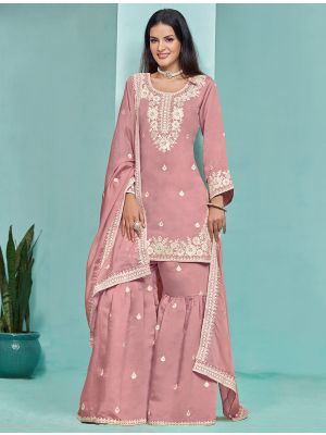 Dusty Pink Roman Silk Semi Stitched Sharara Suit small FABSL21980