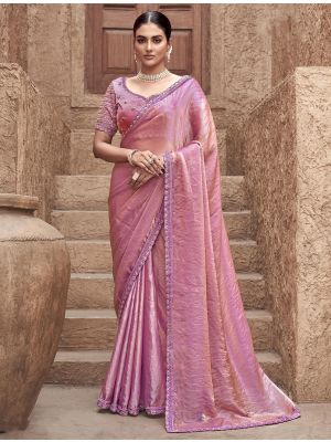 Dusty Pink Satin Silk Premium Saree With Stitched Blouse