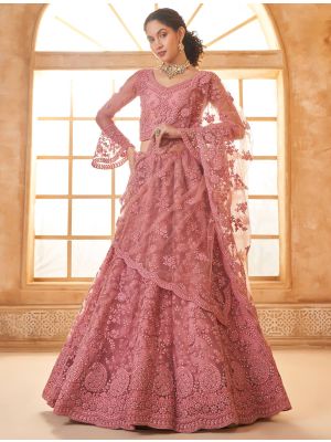 Dusty Pink Soft Net Embroidered Lehenga With Diamond Work small FABLE20434