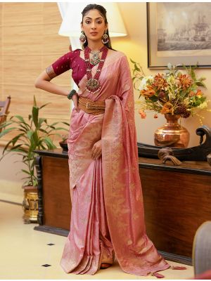Dusty Pink Zari Woven Premium Satin Silk Saree