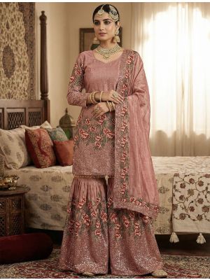 Dusty Rose Silk Blend Embroidered Ready To Wear Sharara Suit FABSL22491