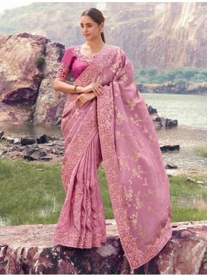 Dusty Rose Tissue Silk Jacquard Embroidered Designer Saree