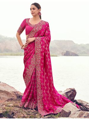Fuchsia Pink Satin Silk Jacquard Embroidered Designer Saree