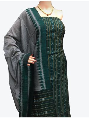 Dark Green Handwoven Sambalpuri Cotton Unstitched Suit with Dupatta small FABSL20249