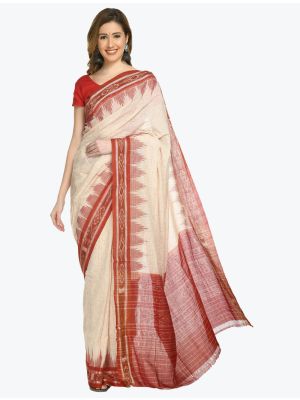 Cream And Maroon Pure Sambalpuri Handloom Ikat Cotton Saree FABSA21700