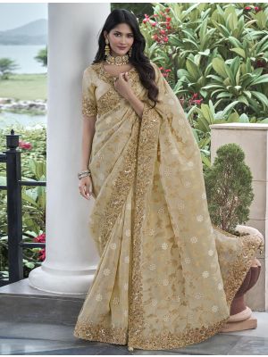 Golden Beige Tissue Silk Premium Designer Saree