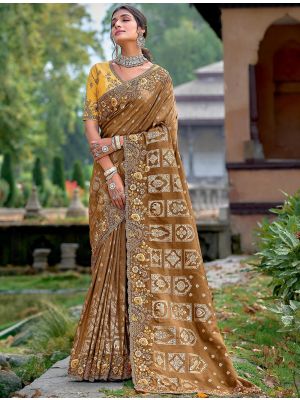 Golden Brown Premium Banarasi Silk Embroidered Saree FABSA22195